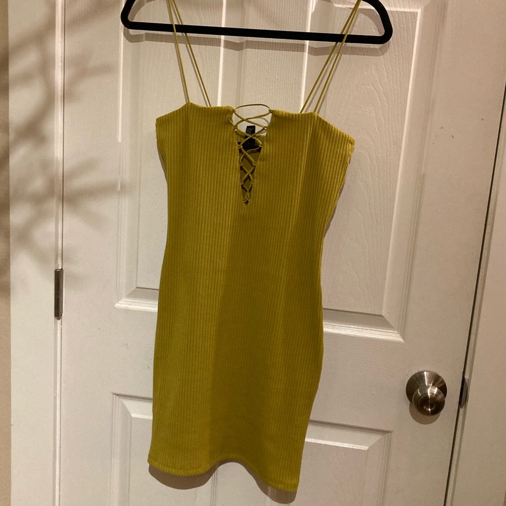 Chartreuse strappy ribbed mini dress